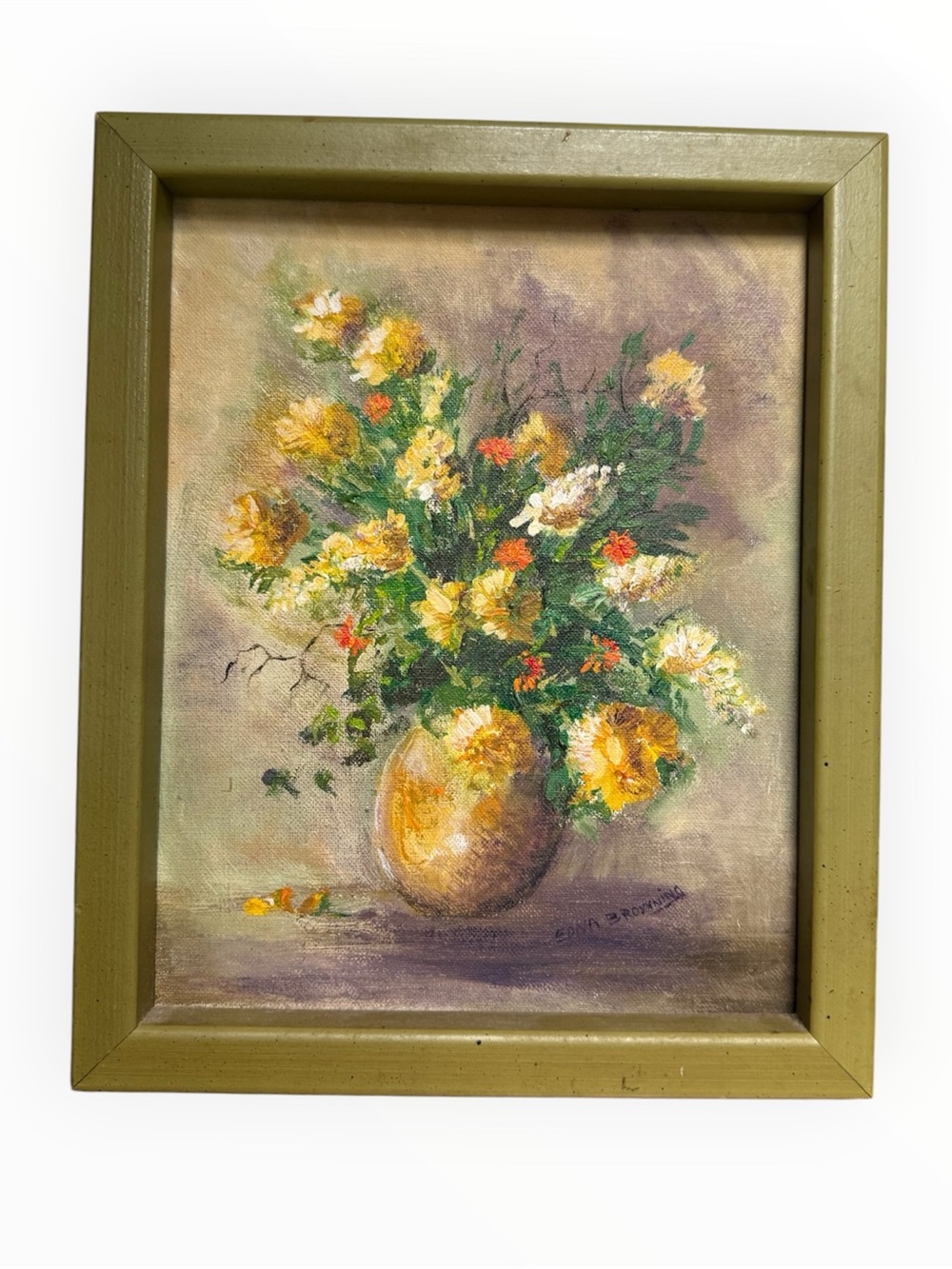 Vintage signed Framed Floral Still Life Wall Art in Olive Green frame